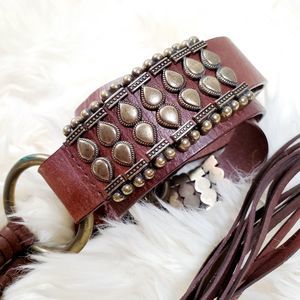 Fringe Genuine Leather Brown Studded Tie Belt